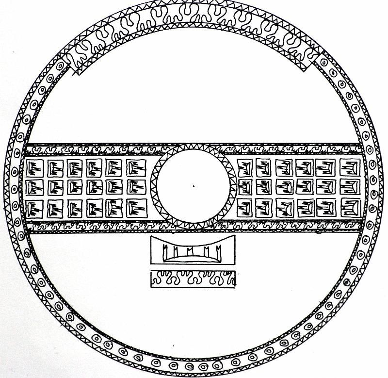 Schulterüberwurf (Rek.)T18A1.jpg - Bei genauer Ansicht der vielen verschiedenen Darstellungen des Schreitgewandes in Susa und Persepolis lassen sich die auffälligen herunterhängenden 'Ärmel' nur als kreisförmiger Schulterüberwurf deuten, durch den in der Mitte der Kopf gesteckt wurde, aus griechischer Sicht wohl eine 'stole'. Zum Teil ist der Überwurf auch im Brustbereich von unten her spitz ausgeschnitten. Hier das Muster der 'Stadtwachen' mit der weiteren Abbildung einer Stadtmauer auf der Brust.
